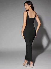 Vestido de tirantes de cuello redondo liso - Negro - Ver 2