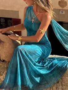 Vestido ajustado asimétrico de cuello elegante, romántico y sexy, adecuado para fiesta, vacaciones en la playa, vuelta al colegio, citas románticas, temporada de bodas, cumpleaños, Pascua, primavera/verano - Azul - Ver 1