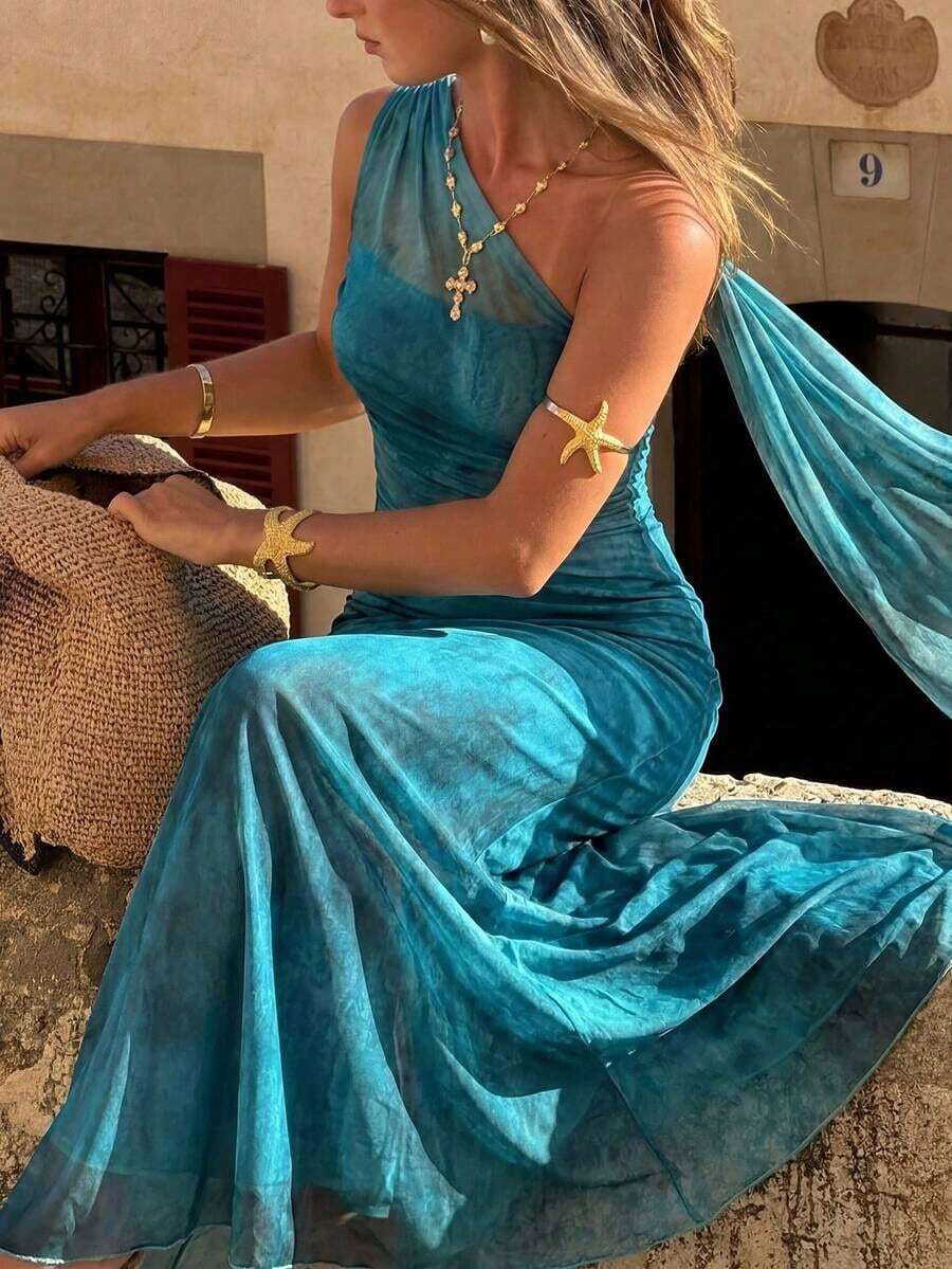 Vestido ajustado asimétrico de cuello elegante, romántico y sexy, adecuado para fiesta, vacaciones en la playa, vuelta al colegio, citas románticas, temporada de bodas, cumpleaños, Pascua, primavera/verano - Azul - Ver 1