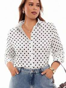 Camisa de manga larga con cuello vuelto y botones para mujer de talla grande, elegante camisa blanca de otoño - Blanco y Negro - Ver 6