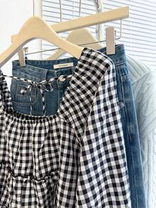 Blusa con volantes en el bajo, nueva llegada de otoño para mujer - Blanco y Negro - Ver 7