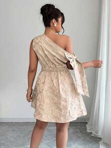 Vestido mini elegante de verano para mujer talla grande, vestido corto de fiesta con tela jacquard, cintura con lazo asimétrico, para boda, reunión, cita - Multicolor 2 - Ver 2