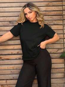 Blusa con detalle de costura sólida, estilo casual de negocios para mujer, ropa de trabajo - Negro - Ver 1