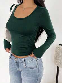 Camiseta de manga larga de ajuste ceñido con cuello alto y mangas raglán, estilo minimalista casual para mujer, primavera/otoño - Verde Oscuro - Ver 2