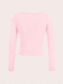 Camiseta básica de manga larga y cuello redondo negro ajustada para mujer, perfecta para el verano - Rosa Pálido - Ver 3
