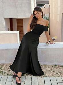 Vestido de mujer de unicolor con hombros descubiertos, nuevo vestido largo elegante y ajustado sin espalda para fiestas, uso diario y citas - Negro - Ver 11