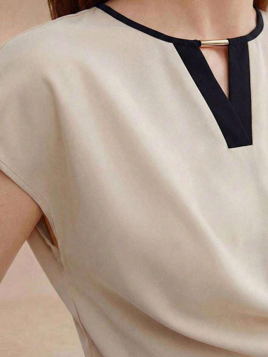 Blusa de mujer de cuello redondo y mangas cortas tipo murciélago, estilo básico urbano y de viaje, moda sencilla y elegante para uso casual en la oficina, adecuada para maestras y oficinistas, otoño - Albaricoque 2 - Ver 1
