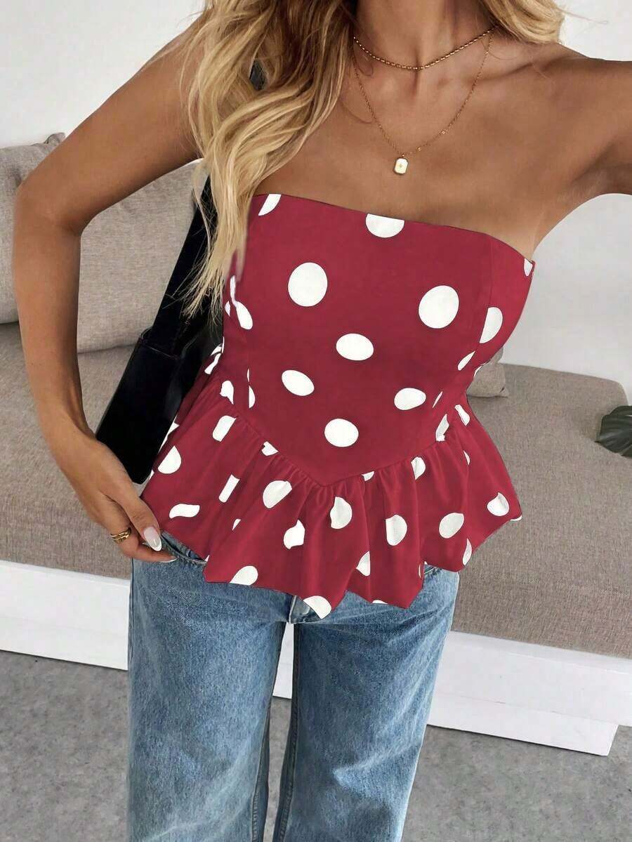 Top bandeau con dobladillo de peplum con estampado de lunares de moda para mujer - Burdeos - Ver 1