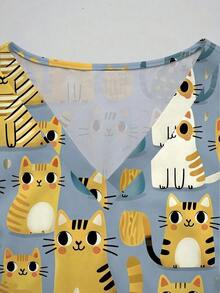 Conjunto de uniforme de enfermera de 2 piezas con parte superior con estampado de gráfico de gato lindo y pantalón recto de pierna recta, de color azul grisáceo, con cuello en V, manga corta, bolsillo y diseño de oreja colgante, para primavera/ve - Multicolor - Ver 4
