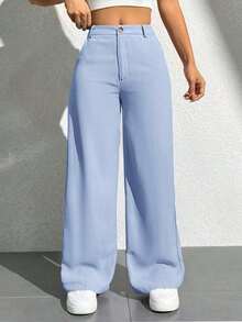 Pantalones holgados y casuales de pierna ancha con bolsillo, unicolor para mujeres - Celeste - Ver 5