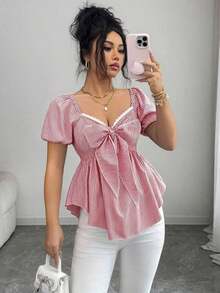 Nueva llegada Blusa casual de uso diario para mujer con diseño minimalista, cuello cuadrado, lazo en la cintura, mangas abultadas y rayas azul francés y blancas - Rojo - Ver 6