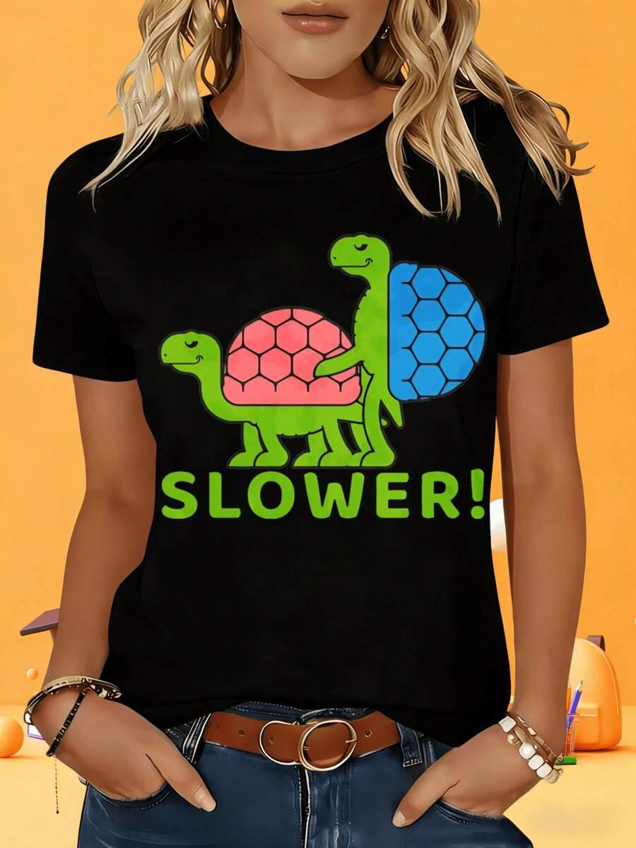 Camiseta de manga corta para mujer, blanca y negra, con diseño de tortuga y tortuga con caparazón azul, camiseta divertida con diseño de animales, ropa casual para mujer, para ocio, vacaciones, actividades al aire libre, fiestas, regalo. - Negro - Ver 1