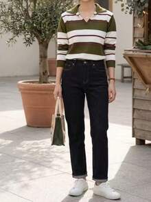 Striped Long-Sleeved Knit Shirt - Army Green - View 3