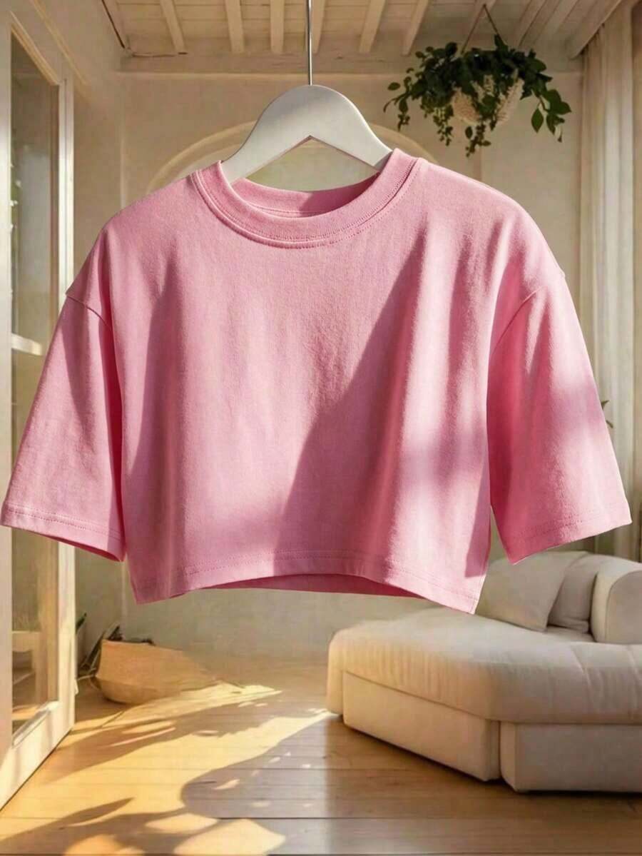 2 piezas Camiseta de manga corta y cuello redondo holgada y corta para mujer, adecuada para uso en primavera/verano, estilo casual/minimalista/elegante/sexy/streetwear/Y2K, apta para oficina/hogar/calle y diversas ocasiones - Rosa - Ver 1