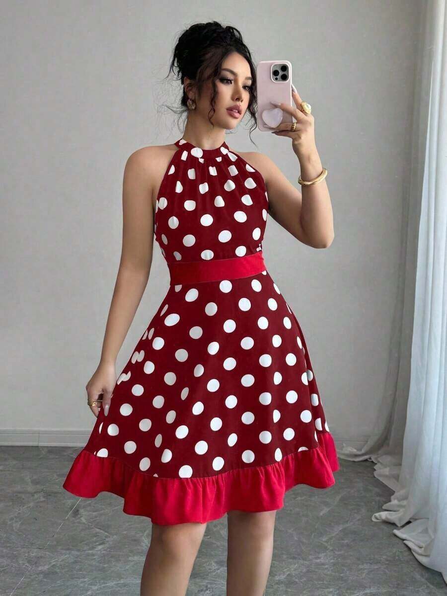 Vestido mini casual de fiesta con pliegues y lunares para mujer - Rojo - Ver 1