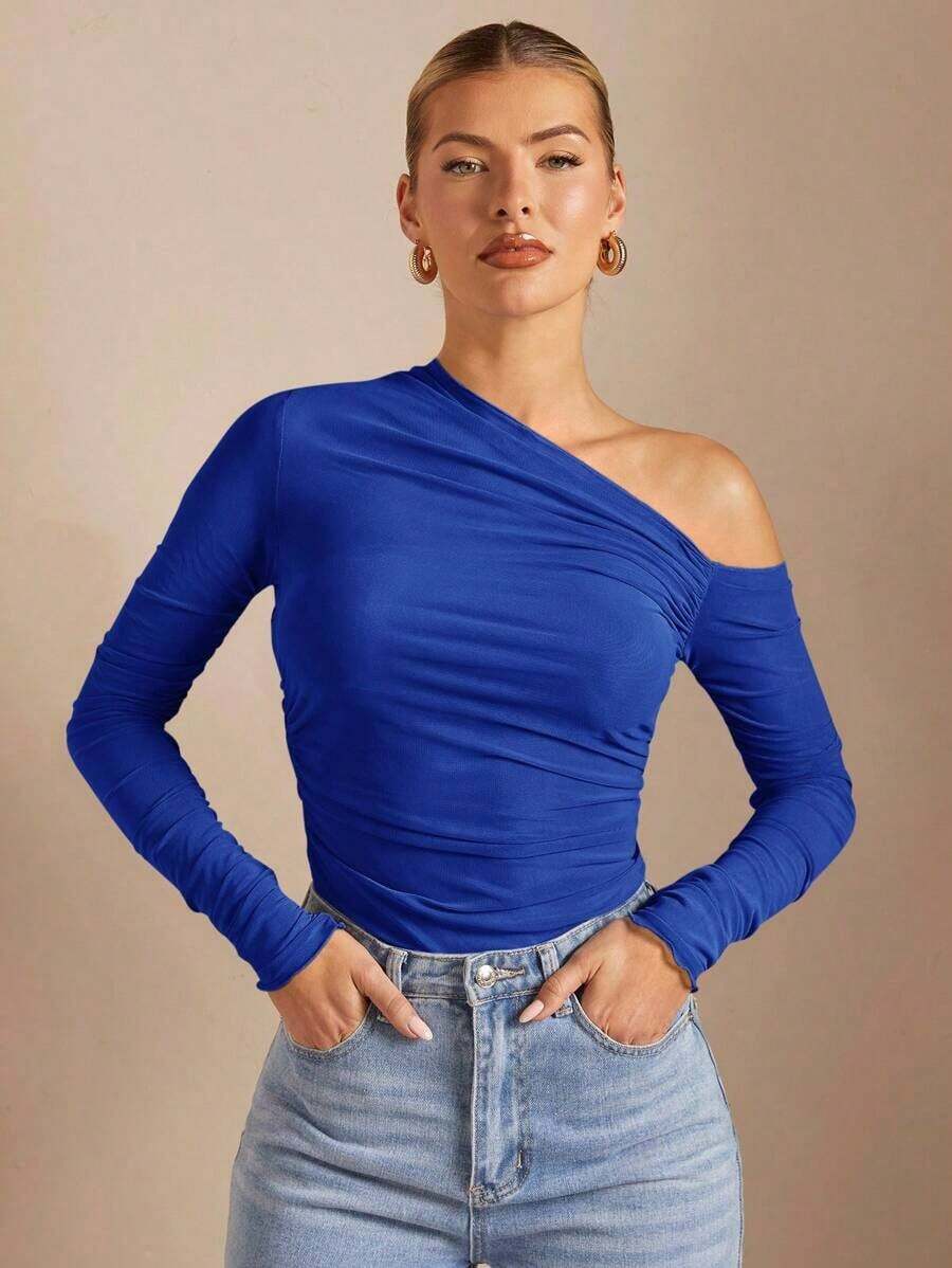 Camiseta de manga larga con cuello asimétrico plisado, ajustada, en color liso, para mujer, para primavera/otoño - azul real - Ver 1