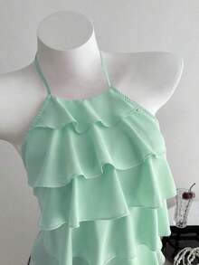 Blusa casual de mujer con cuello de volantes en capas de unicolor - verde menta - Ver 1