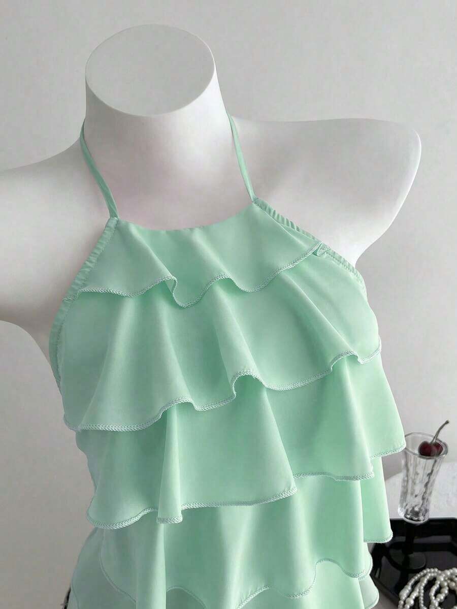 Blusa casual de mujer con cuello de volantes en capas de unicolor - verde menta - Ver 1