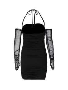 Womenacute;S Summer Halter Bodycon Dress, Solid Color Off Shoulder Low Cut Long Sleeve Ruched Mini Short Dress For Party - Black - View 5