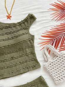 Conjunto de 2 piezas para vacaciones primavera/verano de mujer: Top corto asimétrico de hombro de punto a rayas rojas y blancas y shorts ajustados de tiro súper bajo, adecuado para fiesta, Navidad, San Valentín, cita, playa, crucero, carnaval, Pasc - Verde militar - Ver 4