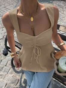 Top de tirantes con diseño de cordón en punto color caqui para mujer - Caqui - Ver 6
