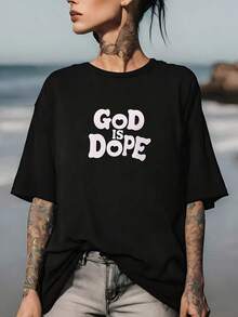 Lightweight Graphic T-Shirt "God Is Dope" 180g, Casual Summer T-Shirt With Funny Slogan For Family BBQs And Company Outings, Perfect Gift Idea For Every Occasion - 黑色 - 查看 1