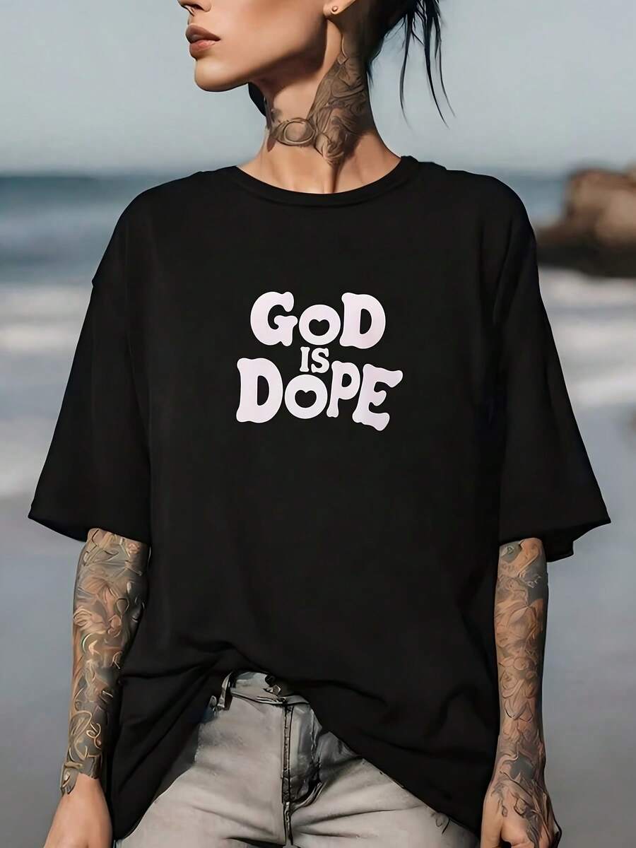 Lightweight Graphic T-Shirt "God Is Dope" 180g, Casual Summer T-Shirt With Funny Slogan For Family BBQs And Company Outings, Perfect Gift Idea For Every Occasion - 黑色 - 查看 1