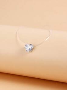 1 buah Kalung Wanita Bentuk Hati dengan Hiasan Berlian Imitasi, Kalung Choker Tali Pancing Transparan, Aksesori Serbaguna untuk Sehari-hari - Perak - View 3