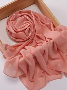 1pc New Fashion Solid Color Pearl Decorated Chiffon Muslim Hijab Scarf - Multicolor - View 4