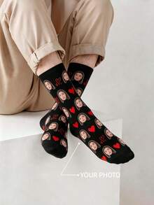 1 par de calcetines personalizables con patrón de cara neutra, añade tu propio diseño de foto, calcetines exclusivos, estilo de pareja, adecuados para la familia - Multicolor - Ver 30