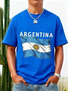 Black T-Shirt With Argentine Flag Print And "Argentina" Text For Men. Ideal For Sporting Events And National Holidays. Great Gift Idea. Women's T-Shirt. Elegant. Bohemian Style. Soft, Breathable, And Comfortable Garment, Perfect For Spring, Summer, And Fall; Ideal For Vacations, Travel, And Everyday Wear. Perfect For Watching A Game. - 藍色的 - 查看 1