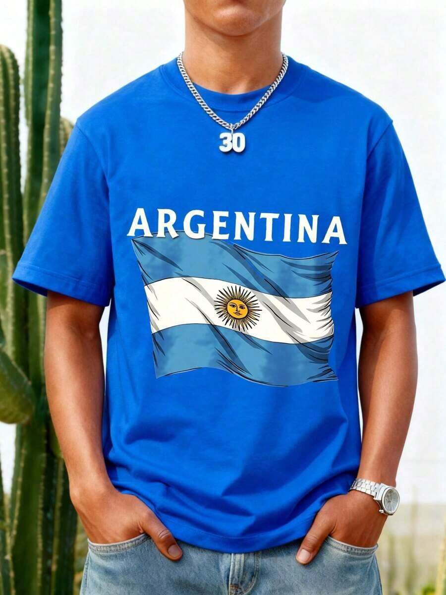 Black T-Shirt With Argentine Flag Print And "Argentina" Text For Men. Ideal For Sporting Events And National Holidays. Great Gift Idea. Women's T-Shirt. Elegant. Bohemian Style. Soft, Breathable, And Comfortable Garment, Perfect For Spring, Summer, And Fall; Ideal For Vacations, Travel, And Everyday Wear. Perfect For Watching A Game. - 藍色的 - 查看 1