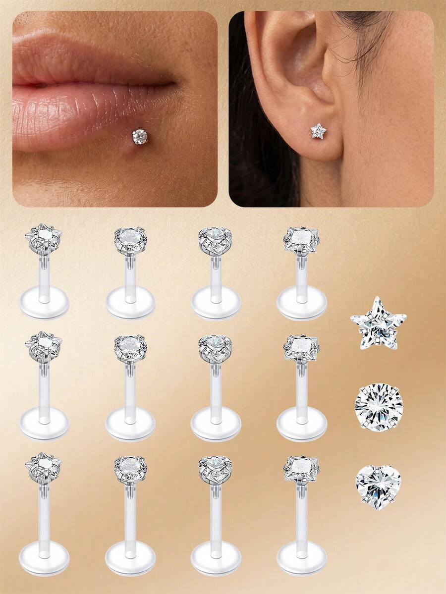 CIZME 16G 4 chiếc khuyên tai Tragus, khuyên môi, khuyên Labret đính đá, khuyên sụn tai, khuyên xoắn ốc, thanh trong suốt dẻo, khuyên giữ lỗ xỏ Medusa 6mm 8mm 10mm dành cho nữ và nam - Trong sáng - Xem 1