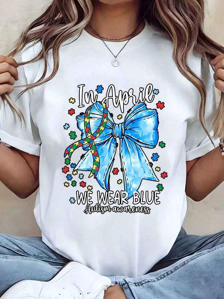 Designed For Modern, Stylish, And Comfortable Women. T-Shirt With A Blue Ribbon Print For April Awareness. Crew Neck, Short Sleeves, Casual Style. A Perfect Gift For Her. 220g. Made With Premium Soft And Breathable Fabric, Designed For All-Day Comfort And Versatile Everyday Wear, Perfect For Casual Outings. - 白色 - 查看 1