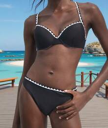 Traje de baño bikini sexy para mujer con tirantes, ajustado, de cintura alta, adelgazante, adecuado para vacaciones en la playa. - Negro - Ver 7