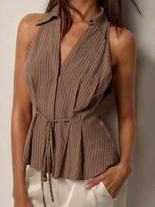 Blusa elegante sin mangas con cintura anudada para mujer, versátil para ir al trabajo, la oficina y salidas casuales, ajuste regular, estilos a rayas y lisos, blusas casuales de negocios para mujer, últimas novedades en blusas para mujer - Caqui 2 - Ver 5