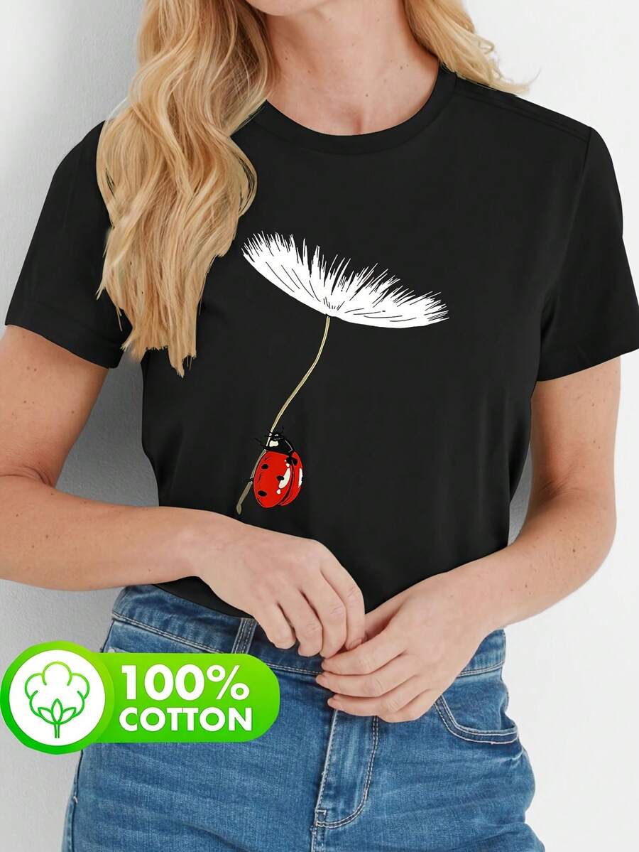 Women's Cotton T-Shirts With A Round Neck, Casual Bohemian Style, Dandelion And Ladybug Print, 100% Cotton - Casual Short-Sleeved Top In Navy Blue, Suitable For Spring/Summer, Machine Washable, Summer Fashion, Artistic Style T-Shirt. Simple T-Shirt For Everyday Wear. - 黑色 - 查看 1