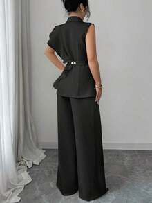 Elenzya Traje formal elegante de mujer color albaricoque, conjunto de blazer con cuello de volantes de organza con lentejuelas y cintura con lazo, que incluye chaqueta sin mangas y pantalones rectos, color burdeos, adecuado para Halloween, Navidad, Año Nuevo, ceremonia de graduación, boda y otras ocasiones. - Negro - Ver 2