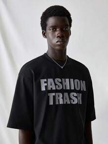 SWAVVY Men's Knit T-Shirt, Casual Style, Loose Fit, Short Sleeve, With English Letter Print, For Summer. - 黑色 2 - 查看 3