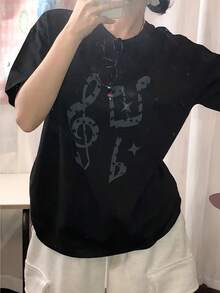Women's Loose-Fitting Short-Sleeved Custom T-Shirt, Sweet And Modern Casual Style, With Star And Musical Symbol Print, Made Of Pure Cotton Fabric, Suitable For Everyday Summer Wear, Versatile And Casual - Unisex Loose-Fitting Short-Sleeved Cotton T-Shirt With Vintage-Style Round Neck. - 黑色 - 查看 2