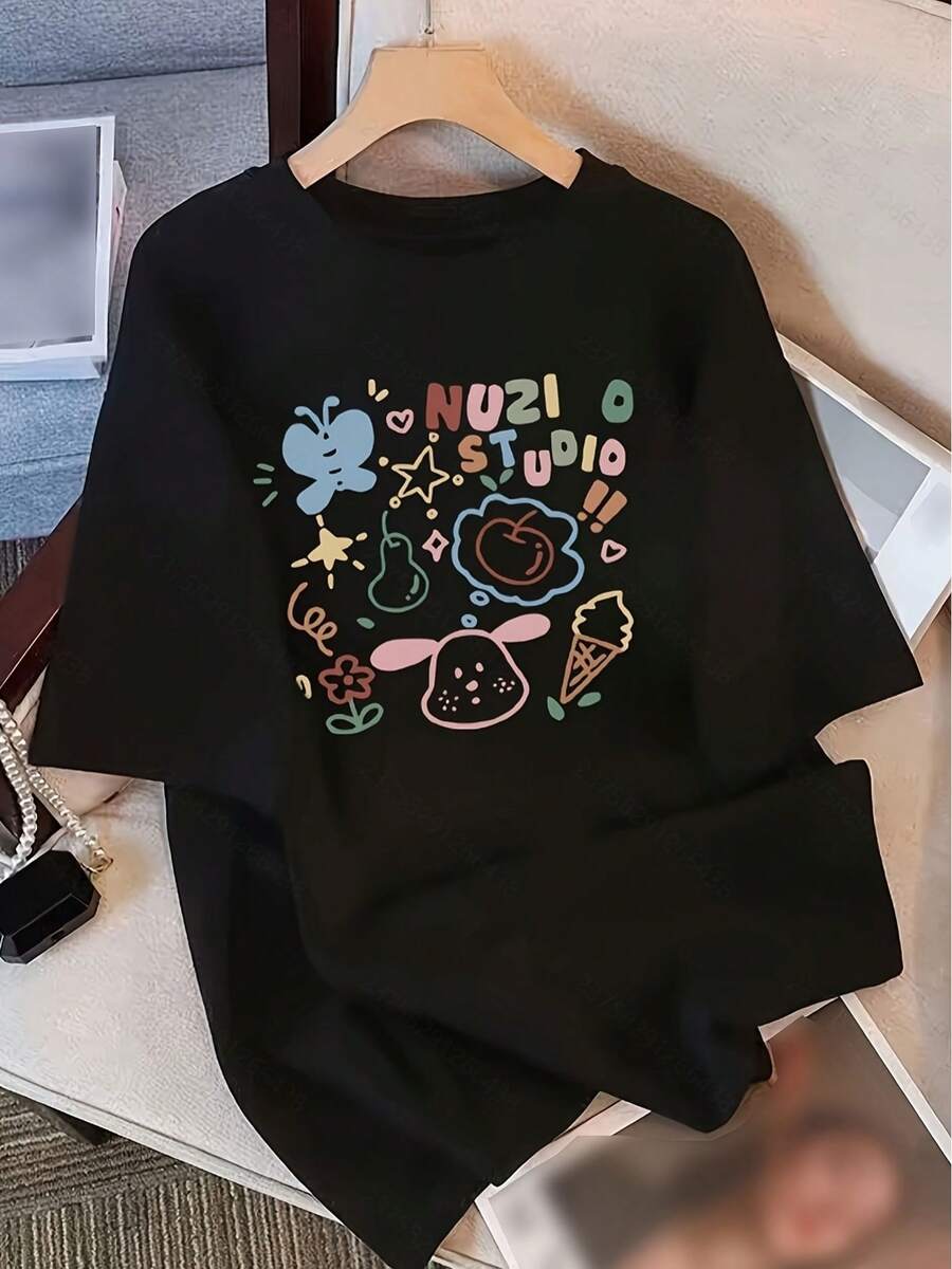 Women's Custom Heavyweight Pure Cotton Short Sleeve T-Shirt With Summer Cartoon Letter Print, Loose Fit, Versatile, Figure-Slimming Short Sleeve Top For Students - Unisex Loose Fit Cotton Short Sleeve Crew Neck Urban Vintage Style T-Shirt. - 黑色 - 查看 1