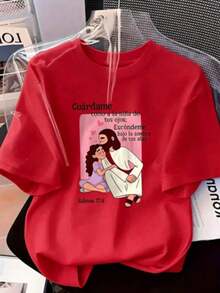 Camiseta de mujer de 1 pieza con estampado de Jesús abrazando, camiseta de manga corta para primavera/verano, el regalo perfecto para las fiestas, top casual cómodo y versátil con elementos de feCamiseta Algodón - Rojo - Ver 7