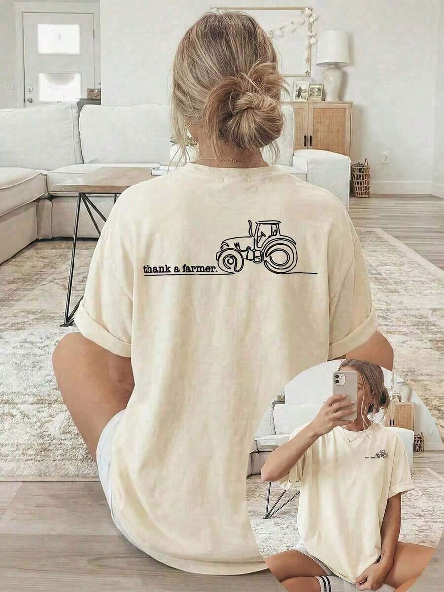 Camiseta de manga corta con cuello redondo para mujer, ideal para vacaciones de verano, con un estampado de tractor y el texto "Gracias a un agricultor". Lavable a máquina, adecuado para uso casual, ropa multiusos, moderna y tipo camiseta, material cómodo, 100% algodón. - Albaricoque - Ver 1