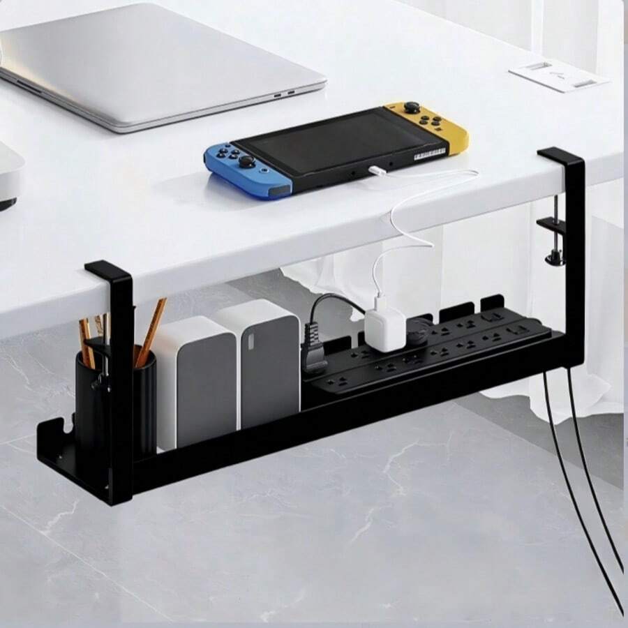 Metal Grid Desk Cable Management Tray, Clip-On Desk Cable Organizer With 3 Slots, Adjustable Vertical Desktop Cable Holder For Home Office - Black - View 1