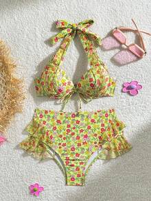 Bikini de Mujer de Dos Piezas, Cintura Alta con Volantes y Estampado Floral – Estilo Fresco y Dulce - azul cielo - Ver 8