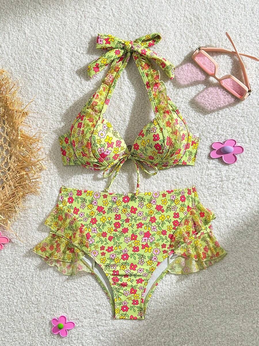 Women's Two-Piece Bikini, High Waist With Ruffles And Floral Print – Fresh And Sweet Style - Yellow - View 1