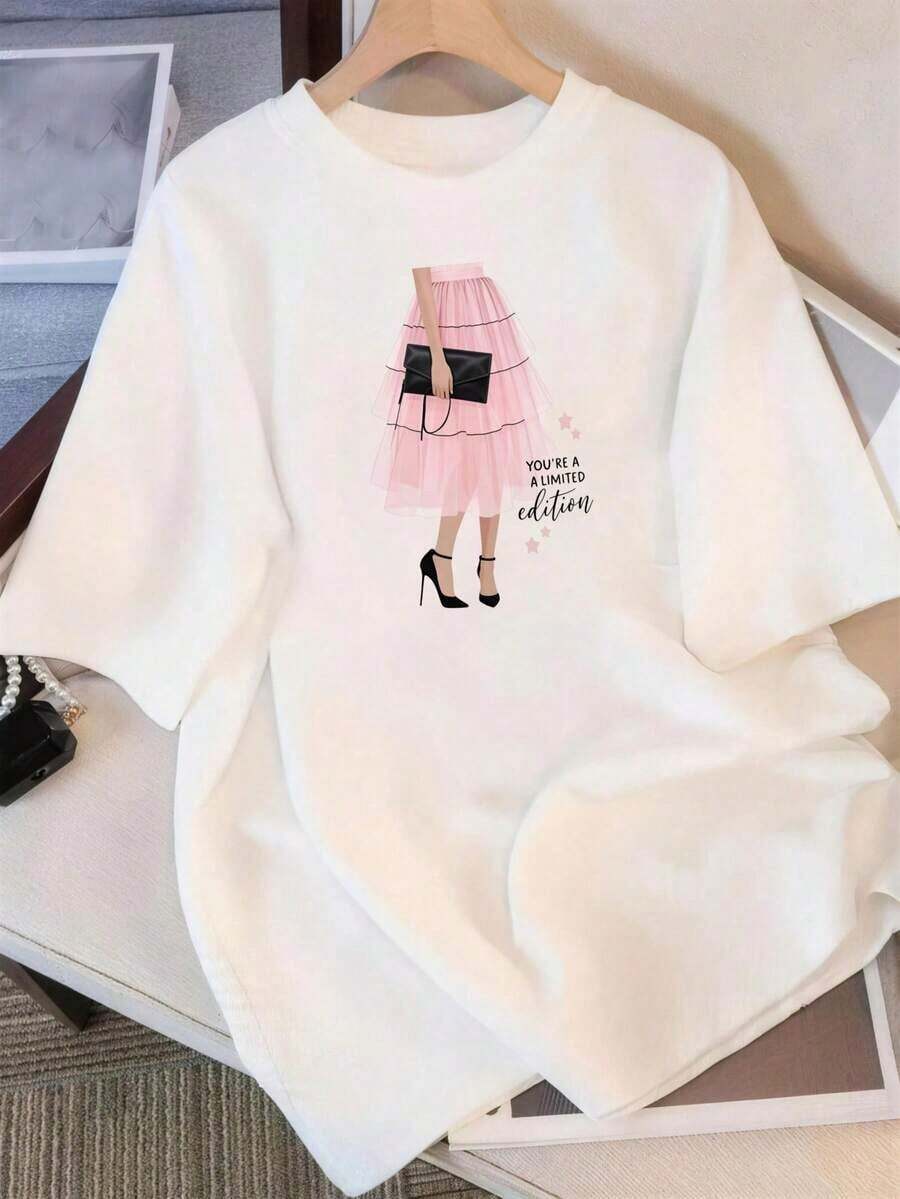 Top de Verano Elegante para Mujer, Camiseta Casual de Manga Corta, Falda Estampada Rosa con Estilo, Diseño Femenino Elegante, Adecuado para Uso Diario Casual, Tela Ligera y Transpirable, Top Casual para Mujer| Top Versátil para Mujer 100% Algodón Transpirable y Cómodo - Blanco - Ver 1