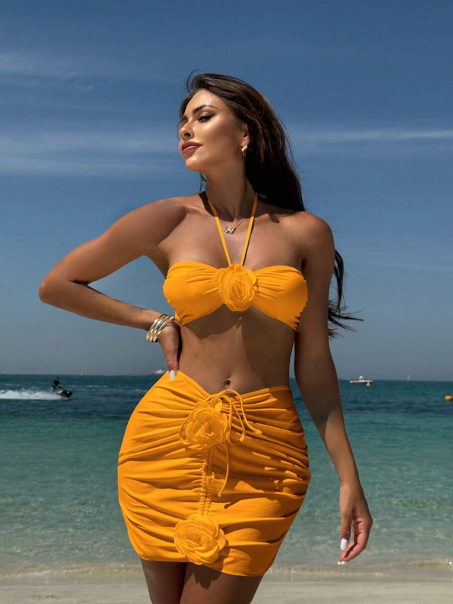 Nuevo y sexy traje de baño de tres piezas con estampado de rosas, sin tirantes y de color sólido. - Amarillo - Ver 1