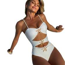 Traje de Baño Sexy de Una Pieza con Estrella y Diseño Cut-Out, Color Sólido para Playa - Blanco - Ver 6