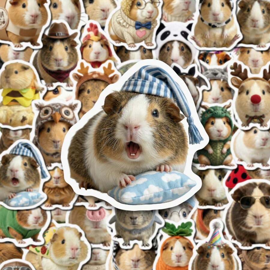 50pcs Cute Guinea Pig Stickers, Including Pizza, Bear, Bee And Sleeping Costumes, Suitable For Decorating Diaries, Laptops And Daily Items, Adding Adorable Fun School Supplies - 7*6*1 - View 1